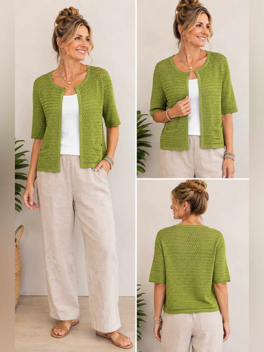 Chico’s Green Open Knit Cardigan Eyelet Lightweight 3/4 Sleeve Size 0